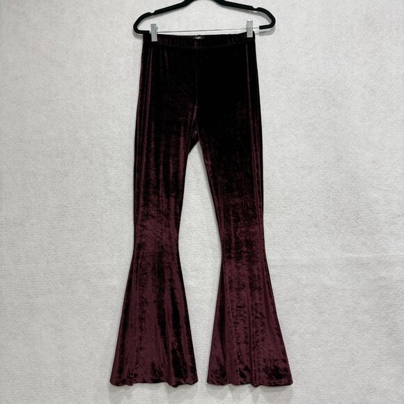 Pylo Pants Womens Medium Burgundy Velvet Flare Bell Bottom Stretch Boho Retro - Picture 1 of 7